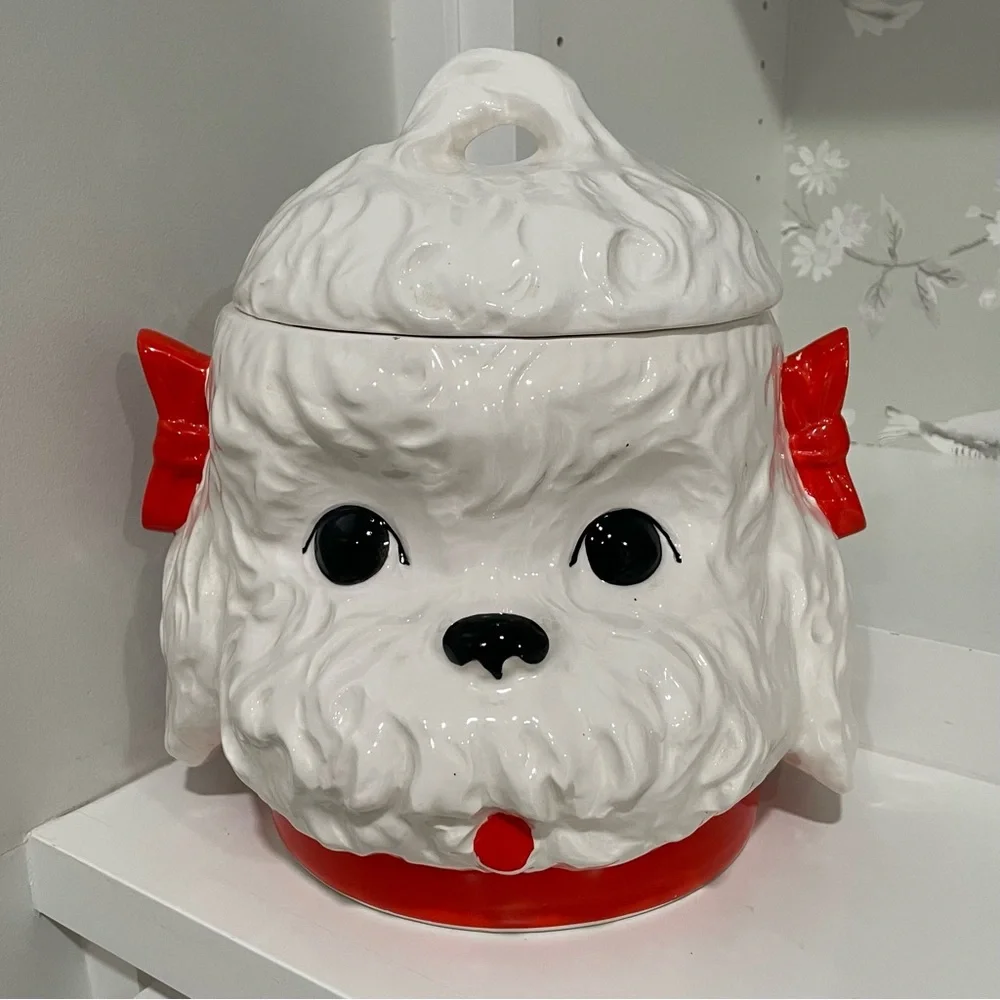 Vintage 1950s Poodle Dog Cookie Jar Red Bows MCM Kitschy Kitchenware Grandma - Picture 1 of 10